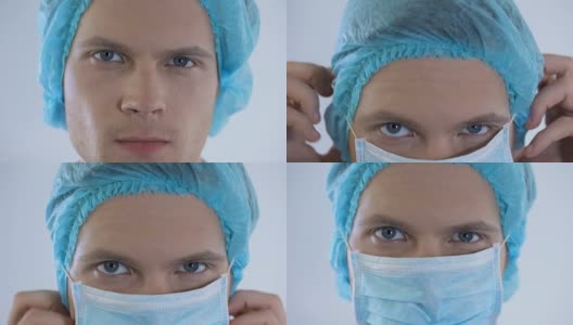 男医师戴着外科口罩，准备对病人进行检查，特写高清在线视频素材下载