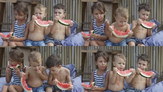 在海滩上吃西瓜高清在线视频素材下载