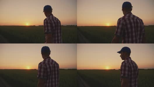 一个农民在日落时穿过田野高清在线视频素材下载