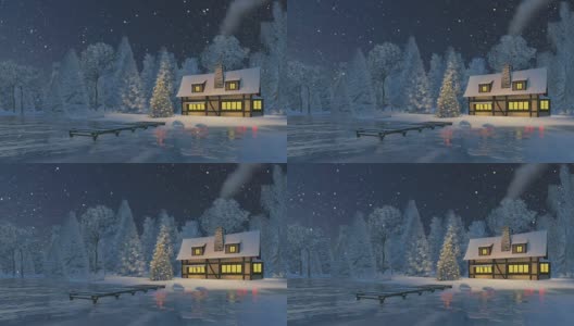 下雪的夜晚，乡村小屋和圣诞树高清在线视频素材下载