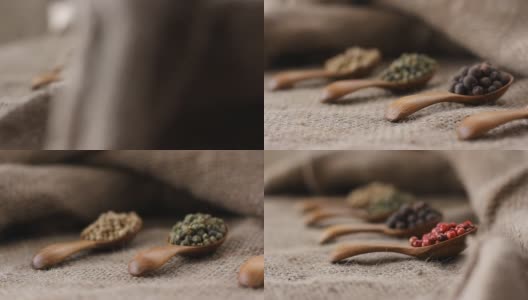 胡椒粉混合香料小勺放在麻袋布上高清在线视频素材下载