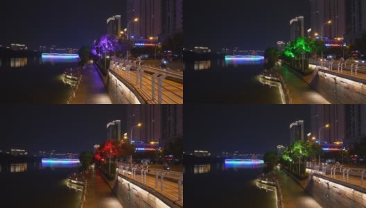 夜景照明三亚市滨江步行湾全景4k中国海南高清在线视频素材下载