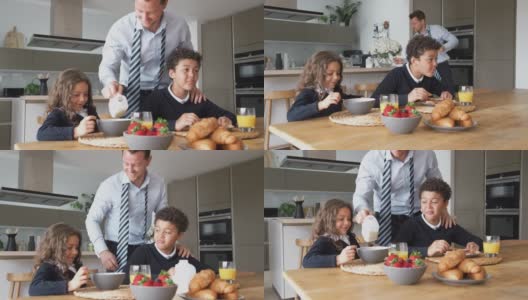 在厨房里的商人父亲在上学前帮孩子们准备早餐高清在线视频素材下载