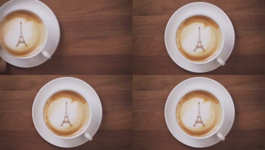 俯视图的手服务与法国拿铁艺术咖啡高清在线视频素材下载