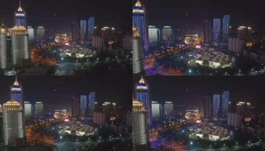 夜光青岛市区著名商场交通街道航拍全景4k中国高清在线视频素材下载