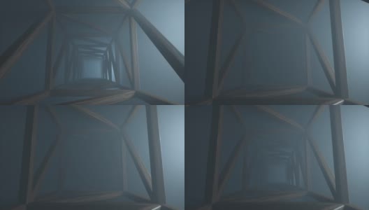方形木制无尽的隧道与明亮的体积闪烁的蓝色光。摘要科幻背景。走廊。在雾中闪烁。木板的构造。前进。4K 3d动画高清在线视频素材下载