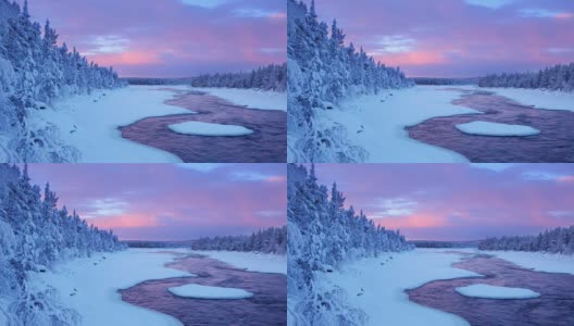 芬兰拉普兰，冬季河流急流上的日出高清在线视频素材下载