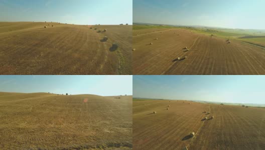在田野上架空小麦秸秆捆高清在线视频素材下载
