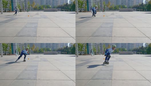 在北京大理石广场上滑旱冰的男孩高清在线视频素材下载