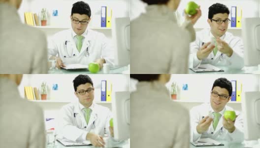医生苹果药丸病人饮食健康选择高清在线视频素材下载