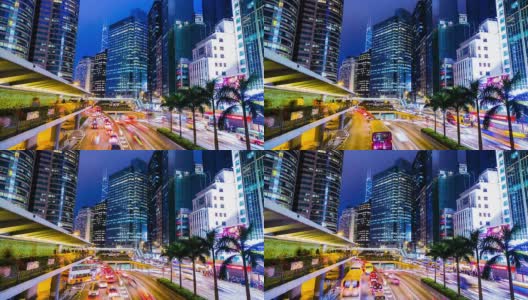 繁忙的城市夜晚中央。香港。高清广角镜头。高清在线视频素材下载