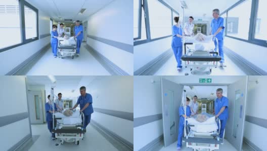 护理人员推病床医院高清在线视频素材下载