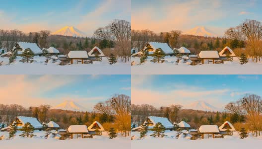 日本冬季暴雪后，以4k延时拍摄的大野Hakkai村日出与富士山为背景高清在线视频素材下载