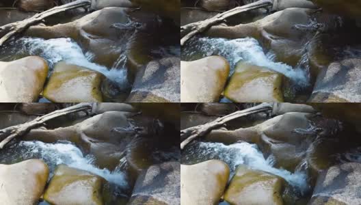 小溪清澈的水在湍急的河流从山上瀑布近距离。水流在岩石密布的河里迅速流动。从丛林中的瀑布倾泻到山河中的石头上的水流高清在线视频素材下载
