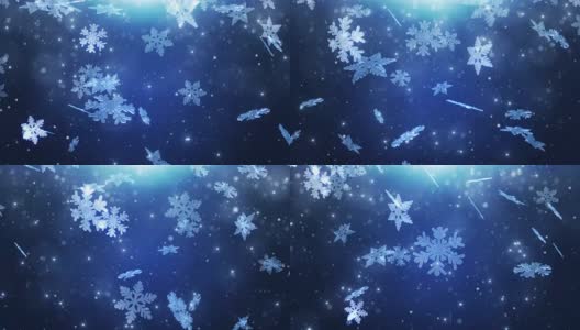 冬季仙境魔幻雪花。圣诞快乐，新年快乐，蓝色背景高清在线视频素材下载