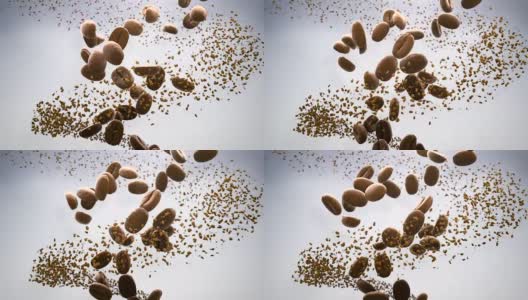 烘焙咖啡豆和速溶咖啡颗粒的3D CGI视频在白色背景上缓慢流动高清在线视频素材下载