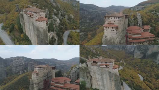 Aerial view of the Meteora rocky landscape and monasteries in Greece高清在线视频素材下载