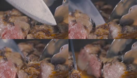 厨师切半熟的烤牛排高清在线视频素材下载