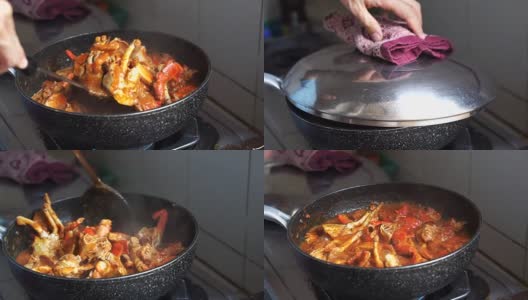 烹制新加坡招牌菜辣椒蟹。受欢迎的海鲜菜肴高清在线视频素材下载