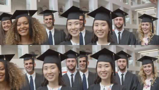 一群身着传统学士服和学士帽的快乐毕业生高清在线视频素材下载