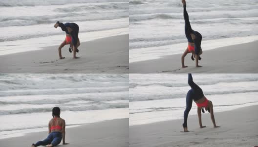 一个亚洲女人正在沙滩上练习瑜伽姿势。经验丰富的女性瑜伽慢动作。健康的生活方式高清在线视频素材下载