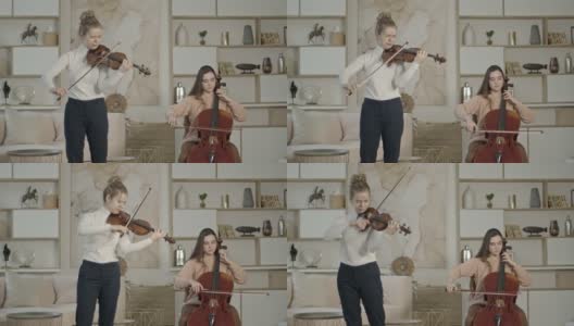 弦乐二重奏的妇女演奏小提琴和大提琴在豪华的家庭室内高清在线视频素材下载