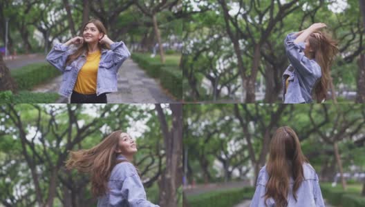 微笑年轻迷人的亚洲女人仰望美丽的自然在夏季阳光明媚的城市公园。快乐漂亮的少女享受和有乐趣的户外生活方式在假期。高清在线视频素材下载
