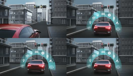 物联网汽车连接交通信息选择应用图标，控制系统，无人驾驶汽车自动驾驶物联网。4 k动画。高清在线视频素材下载