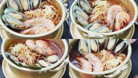 韩国传统面食、什锦凤辣海鲜面汤、辣海鲜汤韩式面食，4k分辨率高清在线视频素材下载