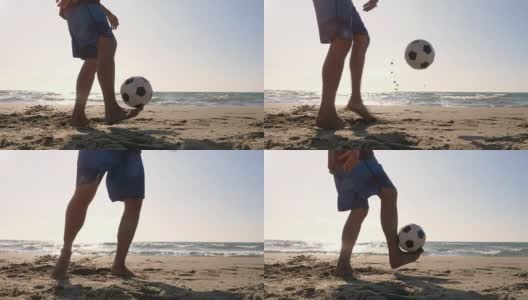 一个年轻人穿着泳裤在海滩上表演花样，用脚拿着足球在海滩上的日落剪影高清在线视频素材下载