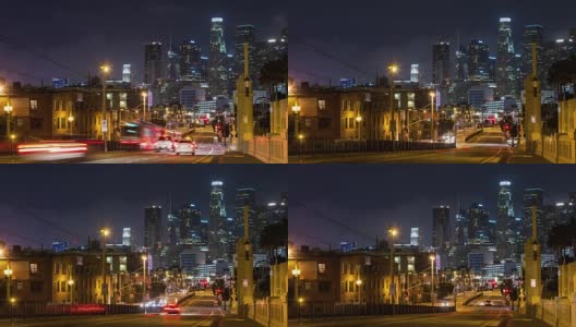 洛杉矶市中心第一街大桥和黄金线夜时光高清在线视频素材下载