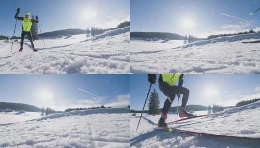 越野滑雪在冬季景观高清在线视频素材下载