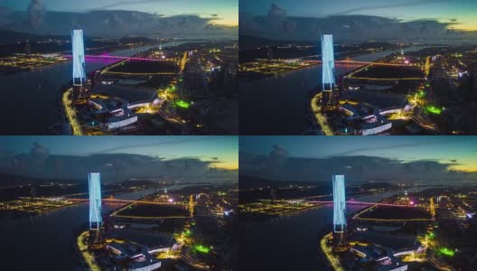 中国日落夜空照亮珠海国际会展中心海湾航拍全景，4k时间延时高清在线视频素材下载