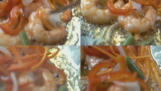 微镜头Vok炒蔬菜与胡萝卜，保加利亚胡椒，洋葱2高清在线视频素材下载