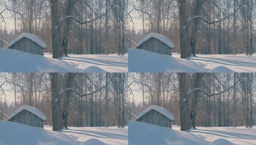 冬天的森林里有白霜。降雪。小木屋。高清在线视频素材下载