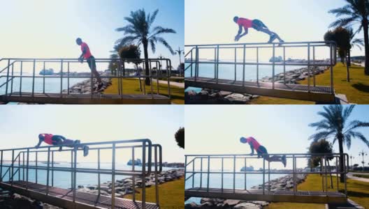 男运动员在海边锻炼高清在线视频素材下载