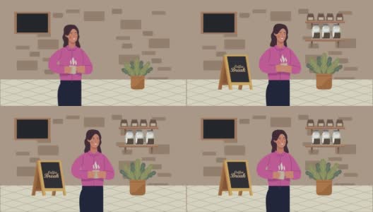 咖啡店动画与女性客户场景高清在线视频素材下载