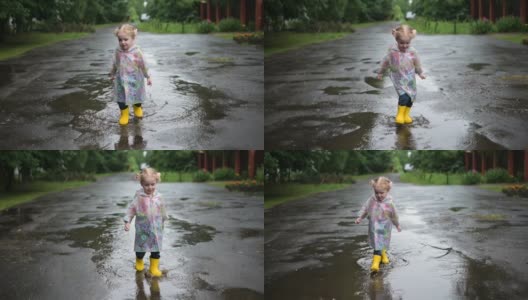 这个小女孩在更好的雨天跑步。童年好心情高清在线视频素材下载