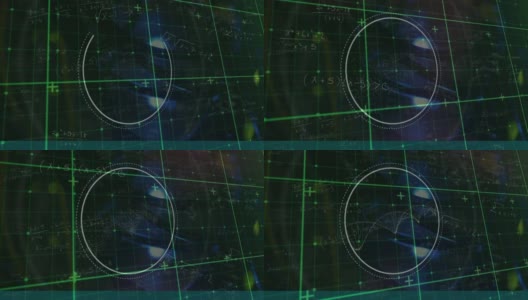 动画绿色网格在圆形扫描仪上旋转dna螺旋和方程式，黑色高清在线视频素材下载