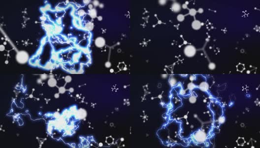 动画发光的蓝色电流在白色分子结构上的黑色背景高清在线视频素材下载