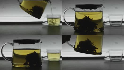 将绿茶倒入玻璃杯中高清在线视频素材下载