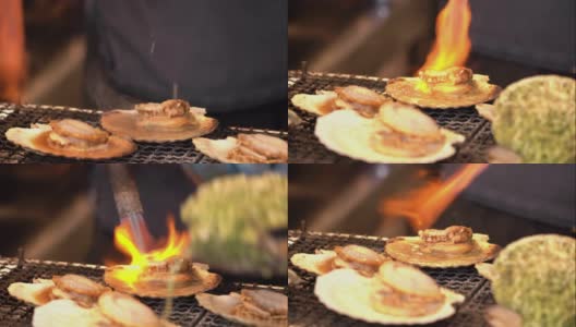 北海道札幌日本街市场的烤扇贝高清在线视频素材下载
