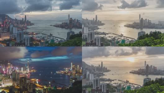 从红香炉山顶，4K DCI白天到晚上的时间拍摄香港岛、维多利亚港和九龙城的景观或城市景观。亚洲旅游目的地概念。平移相机高清在线视频素材下载