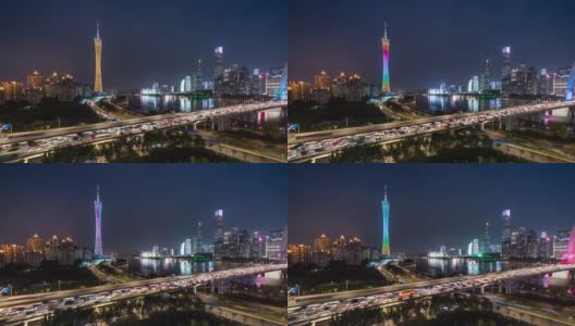 广州的标志性建筑和城市天际线从白天到夜晚，时光流逝高清在线视频素材下载