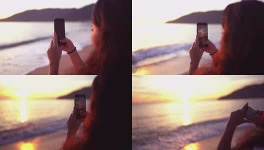 在热带海滩上用智能手机的女孩高清在线视频素材下载