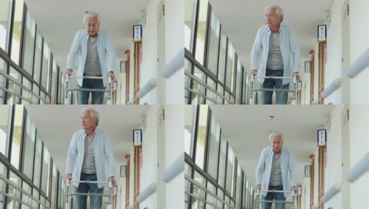 一个拄着助行器走路的亚洲老人高清在线视频素材下载