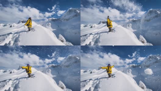 充满喜悦的滑雪板站在山顶的雪山在一个阳光明媚的冬日高清在线视频素材下载