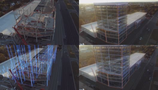 无人机镜头与视觉特效概念:建筑建筑工地成为完成的项目与3D图形动画效果。可视化，数字化设计，未来城市发展高清在线视频素材下载