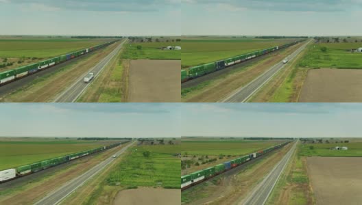 内布拉斯加州货运火车经过农田-无人机拍摄高清在线视频素材下载