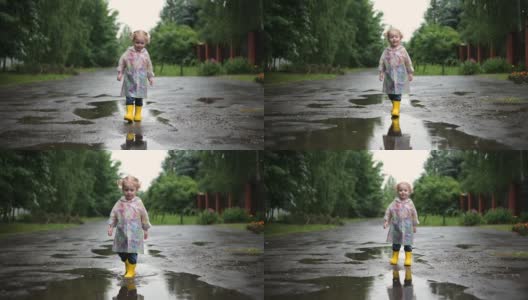 一个小卷发女孩在下雨天走在村庄的街道上高清在线视频素材下载